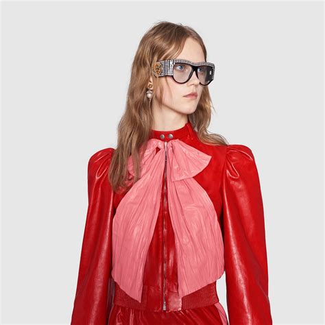 gucci womens red leather bow jacket|Gucci leather jacket price.